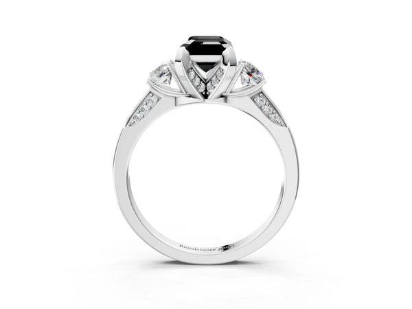 Platinum Emerald Cut Three Stone Hidden Halo Engagement Ring Setting for Black Center