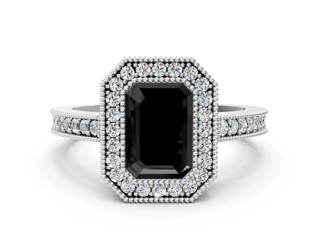 Platinum Fancy Black Emerald Cut-Cut Diamond Halo Engagement Ring with Pave Band and Prong Setting_12