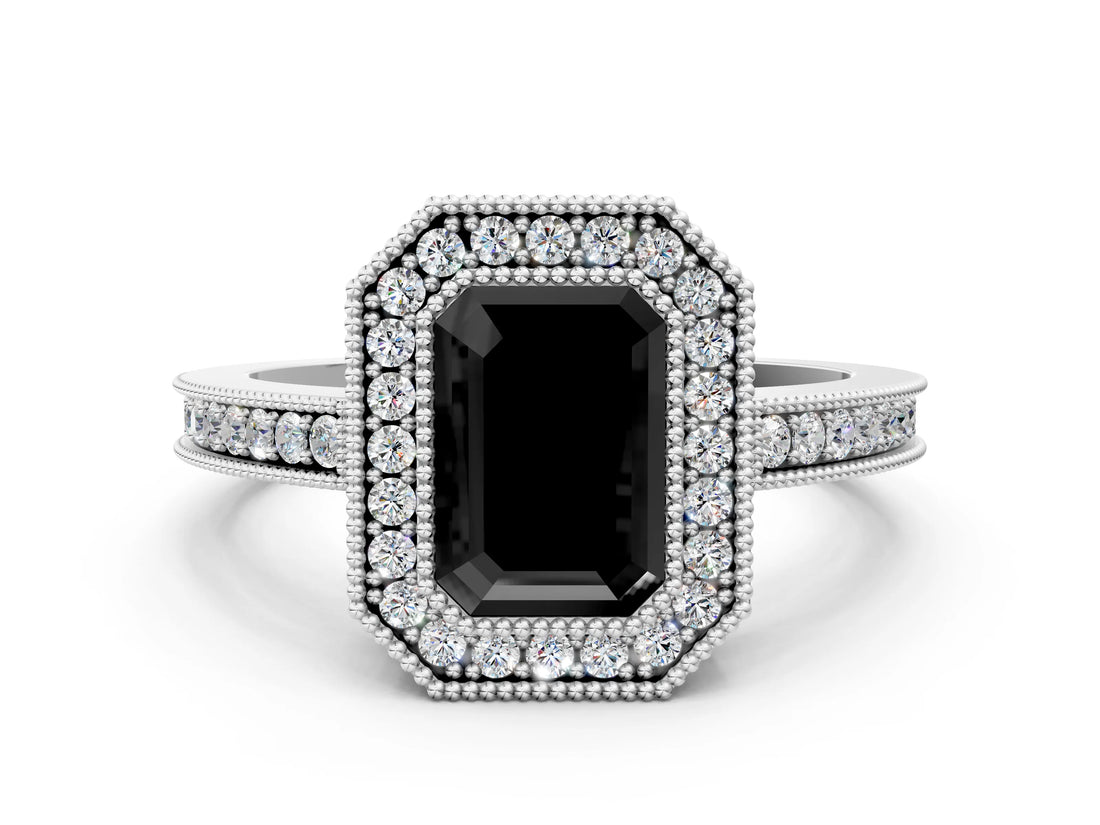 Platinum Fancy Black Emerald Cut Cut Halo Pavé Diamond Ring_6