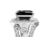Platinum Fancy Black Emerald Cut Diamond Halo Ring with Split Shank and Bezel Accents and Four-Prong Setting_11