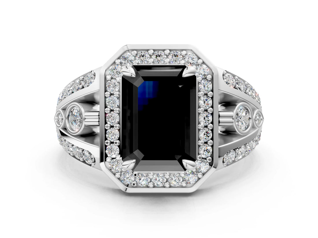 Platinum Fancy Black Emerald Cut Diamond Halo Ring with Split Shank and Bezel Accents and Four-Prong Setting_6