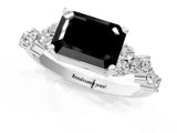 Platinum Fancy Black Emerald Cut Diamond Scattered Round Accent Ring with Prong Setting_1