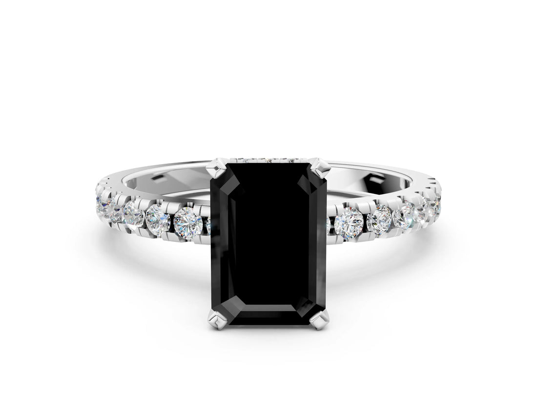 Platinum Fancy Black Emerald Cut Diamond Solitaire Ring with Round  Pavé Band and Four-Prong Setting_42