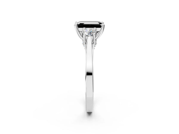 Platinum Fancy Black Emerald Cut Diamond Three-Stone Engagement Ring with Prong Setting and Pavé Band