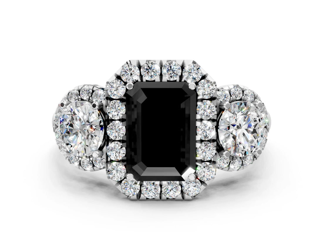 Platinum Fancy Black Emerald Cut Diamond Three-Stone Halo Ring with Prong Setting and Pavé Accents_12