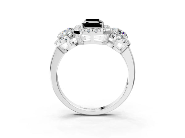 Platinum Emerald Cut Three Stone Halo Engagement Ring Setting for Black Center