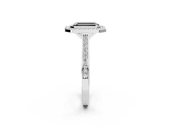 Platinum Fancy Black Emerald Cut Halo Bezel Diamond Pave Band Ring