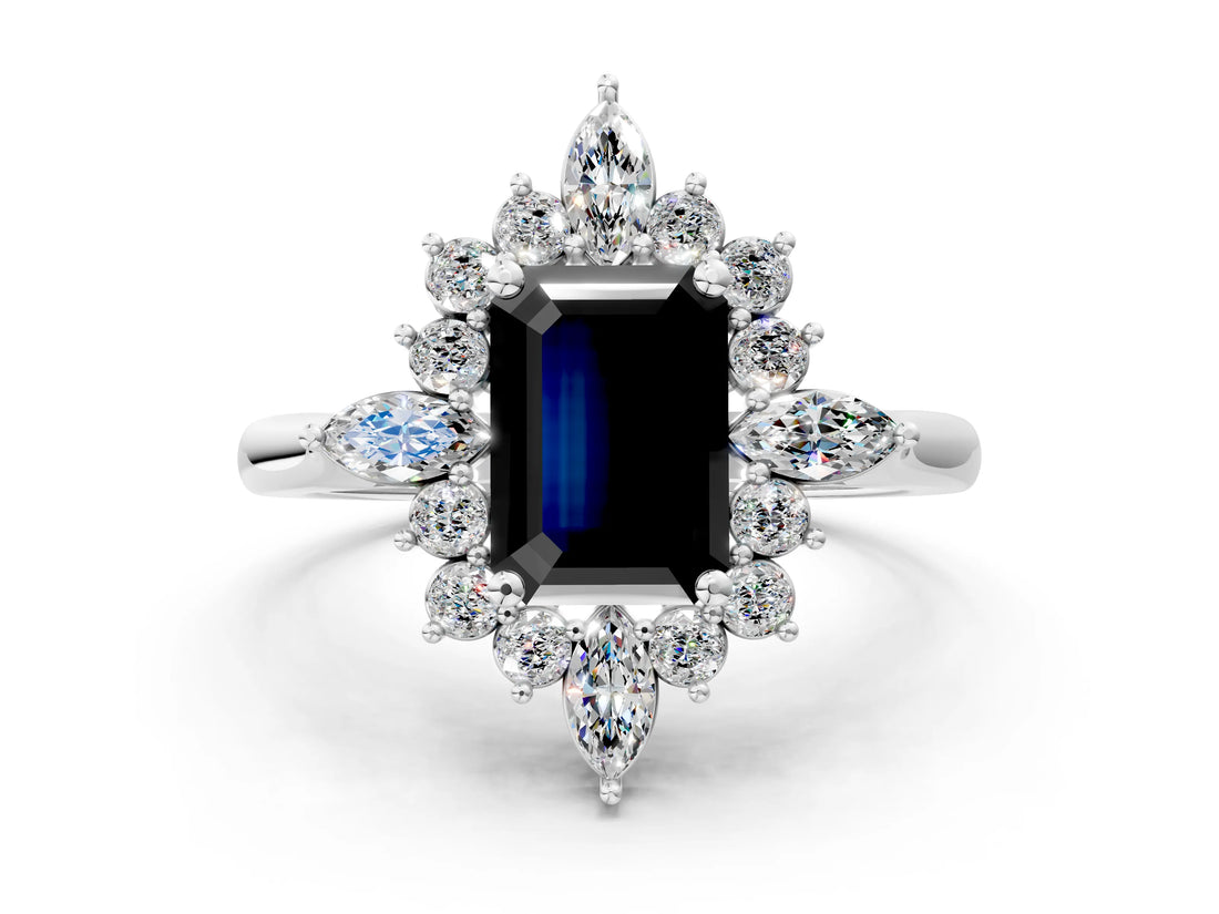 Platinum Fancy Black Emerald Cut Halo Diamond Cluster Ring with Marquise and Round Stones on a White Gold Band with Prong Setting