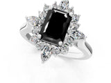 Platinum Fancy Black Emerald Cut Halo Diamond Cluster Ring with Marquise and Round Stones on a White Gold Band with Prong Setting_1