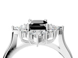 Platinum Fancy Black Emerald Cut Halo Diamond Cluster Ring with Marquise and Round Stones on a White Gold Band with Prong Setting_4