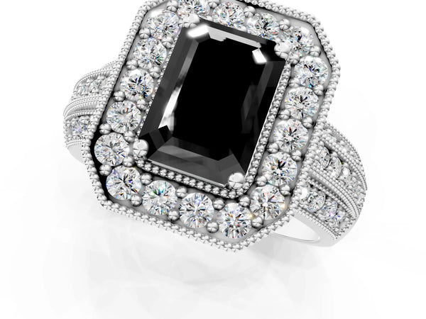 Platinum Fancy Black Emerald Cut Halo Diamond Engagement Ring with Pave Split Shank and Four-Prong Setting