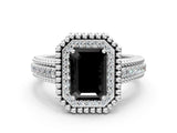 Platinum Fancy Black Emerald Cut Halo Diamond Ring with Beaded Split Shank and Four-Prong Setting_6