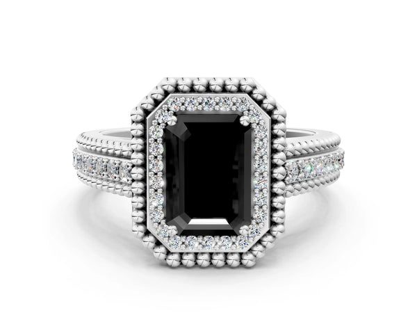 Platinum Emerald Cut Beaded Halo Engagement Ring Setting for Black Center with Pave