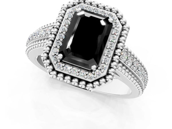 Platinum Emerald Cut Beaded Halo Engagement Ring Setting for Black Center with Pave