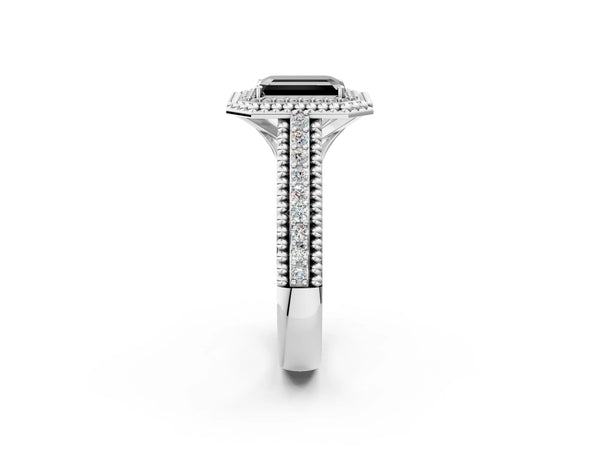 Platinum Emerald Cut Beaded Halo Engagement Ring Setting for Black Center with Pave