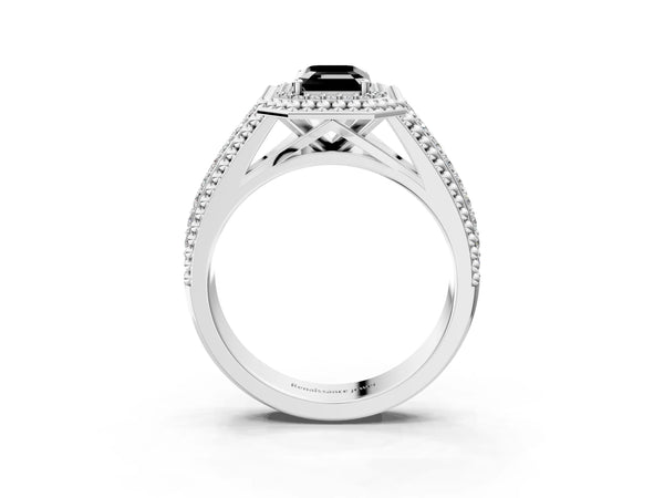 Platinum Emerald Cut Beaded Halo Engagement Ring Setting for Black Center with Pave