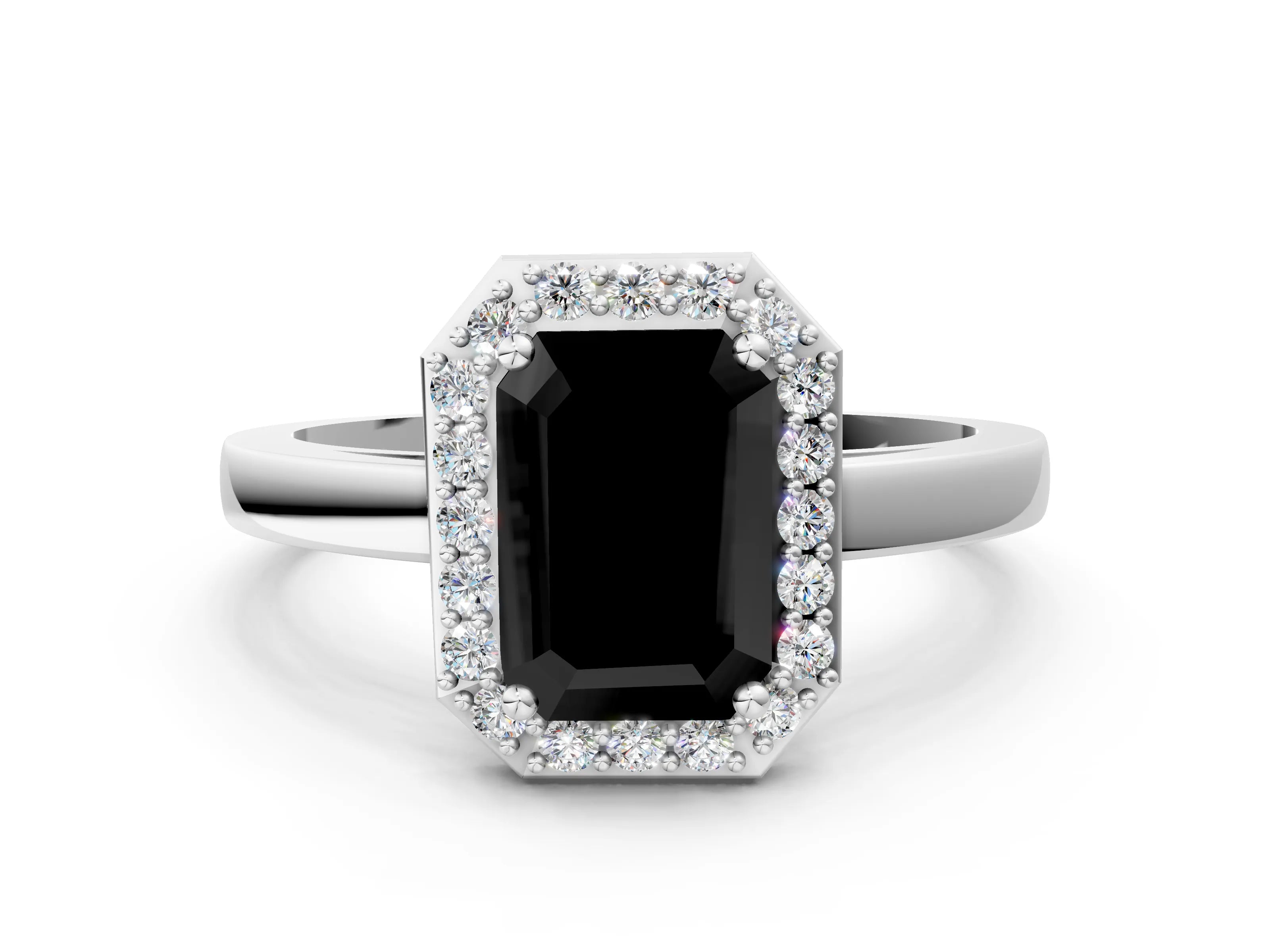 Platinum Fancy Black Emerald Cut Halo Diamond Ring with Solitaire Band and Prong Setting_49