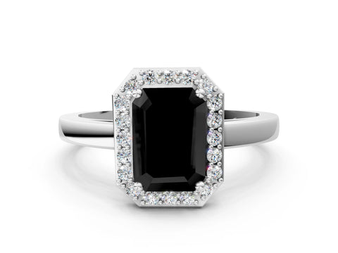 Platinum Fancy Black Emerald Cut Halo Diamond Ring with Solitaire Band and Prong Setting_49