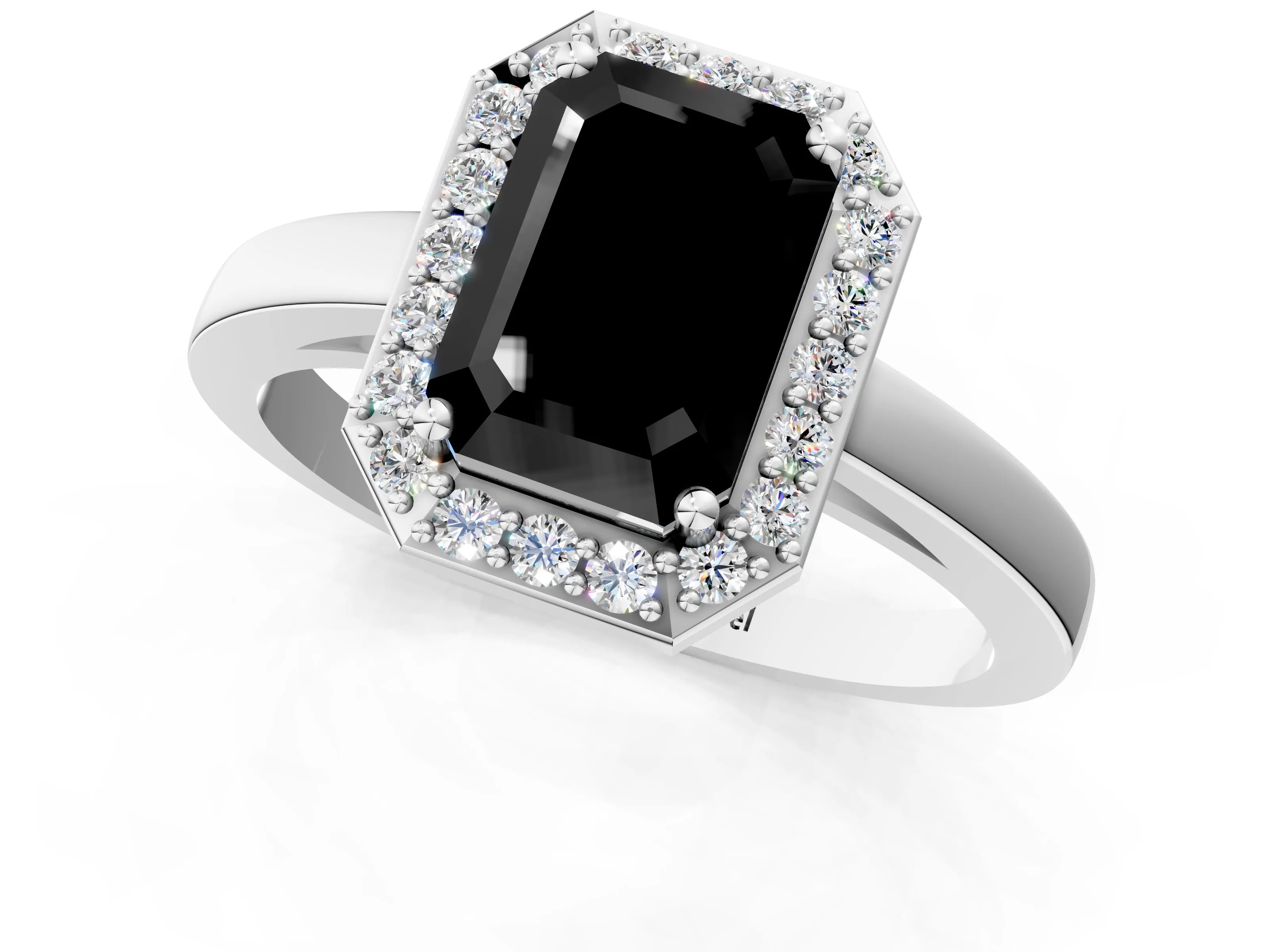 Platinum Fancy Black Emerald Cut Halo Diamond Ring with Solitaire Band and Prong Setting_50