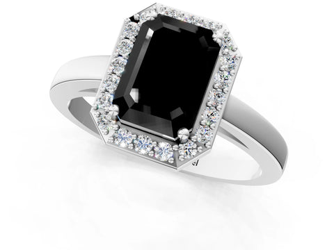 Platinum Fancy Black Emerald Cut Halo Diamond Ring with Solitaire Band and Prong Setting_50