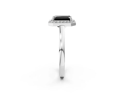 Platinum Fancy Black Emerald Cut Halo Diamond Ring with Solitaire Band and Prong Setting_51