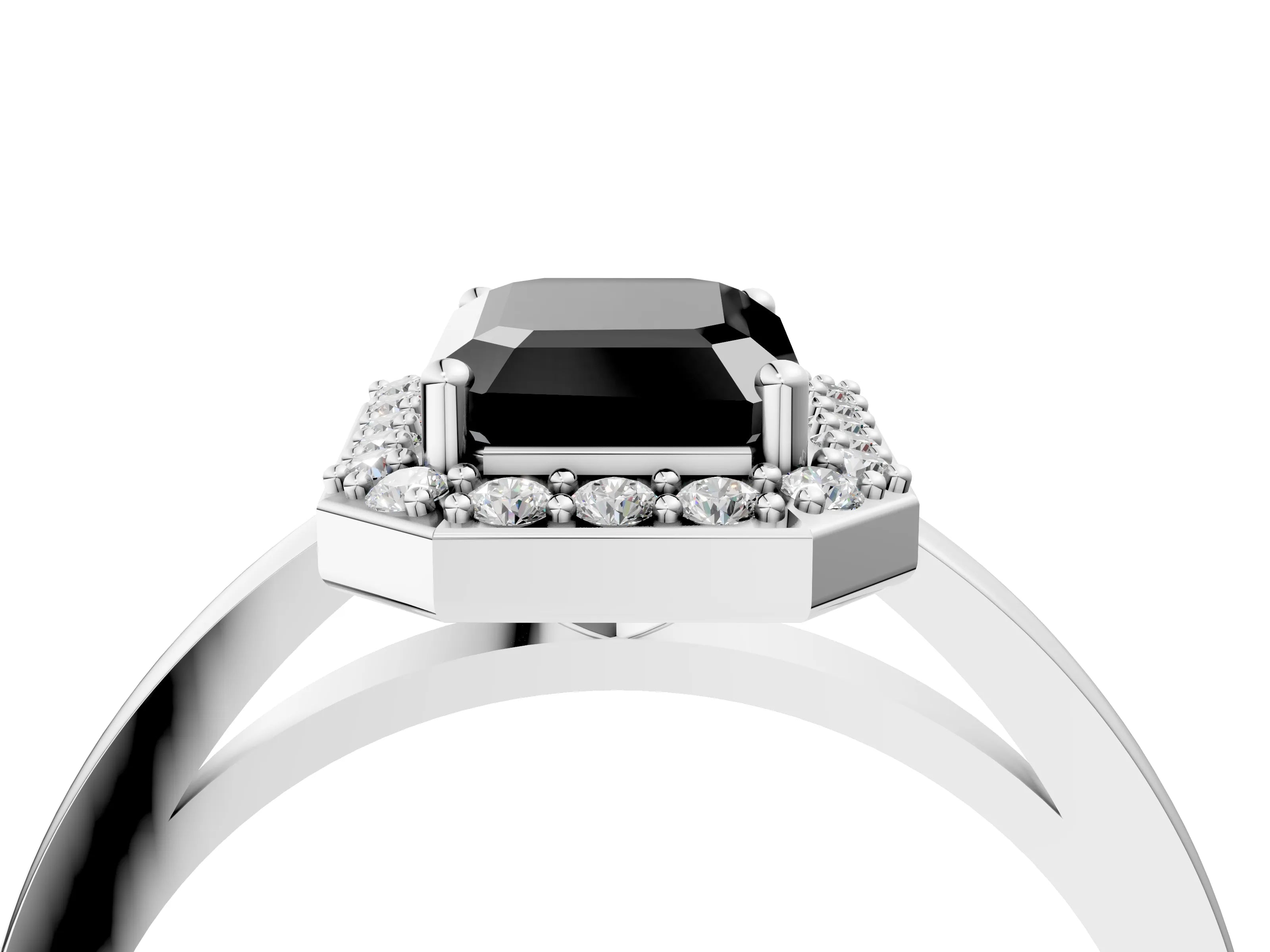 Platinum Fancy Black Emerald Cut Halo Diamond Ring with Solitaire Band and Prong Setting_53