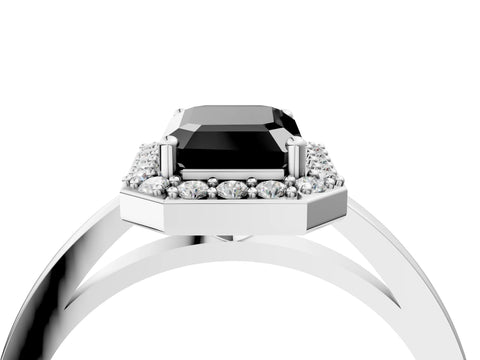 Platinum Fancy Black Emerald Cut Halo Diamond Ring with Solitaire Band and Prong Setting_53