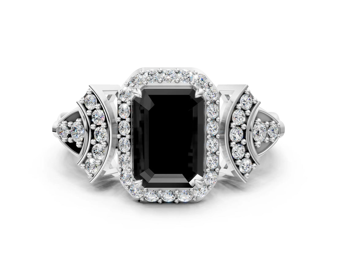 Platinum Fancy Black Emerald Cut Halo Diamond Split Shank Engagement Ring with Four-Prong Setting_6