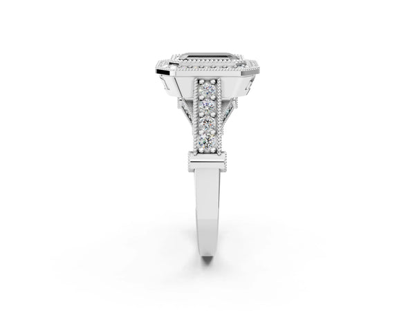 Platinum Emerald Cut Vintage Bezel Halo Engagement Ring Setting for Black Center