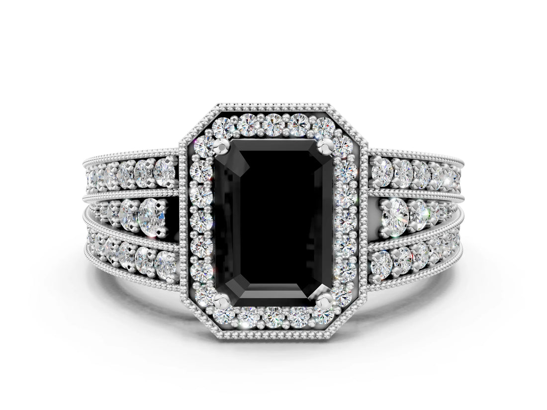 Platinum Fancy Black Emerald Cut Halo Diamond Split Shank Ring with Prong Setting_6