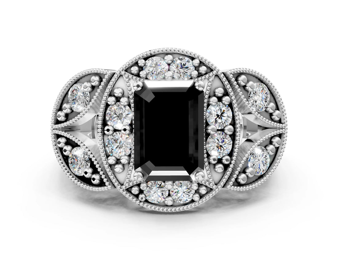 Platinum Fancy Black Emerald Cut Halo Milgrain Diamond Engagement Ring with Leaf Band and Four-Prong Setting_12