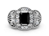 Platinum Fancy Black Emerald Cut Halo Milgrain Diamond Engagement Ring with Leaf Band and Four-Prong Setting_12