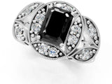 Platinum Fancy Black Emerald Cut Halo Milgrain Diamond Engagement Ring with Leaf Band and Four-Prong Setting_13