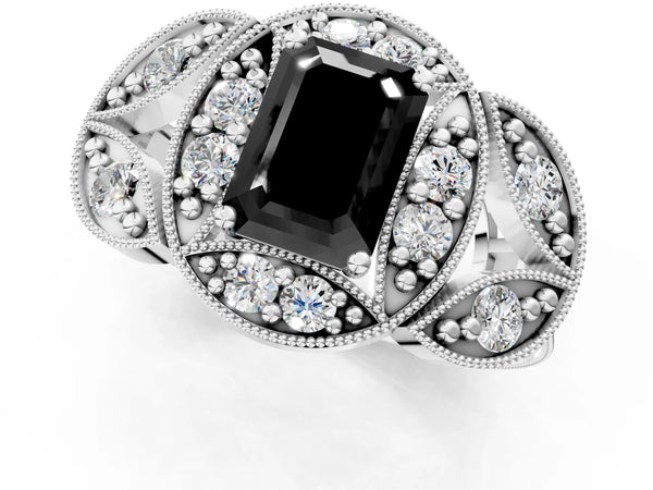 Platinum Fancy Black Emerald Cut Halo Milgrain Diamond Engagement Ring with Leaf Band and Four-Prong Setting