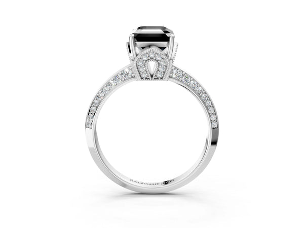 Platinum Emerald Cut Graduated Pave Engagement Ring Setting for Black Center