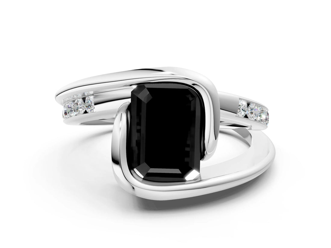 Platinum Fancy Black Emerald Cut Solitaire Tension-Set Diamond Split Shank Ring_6