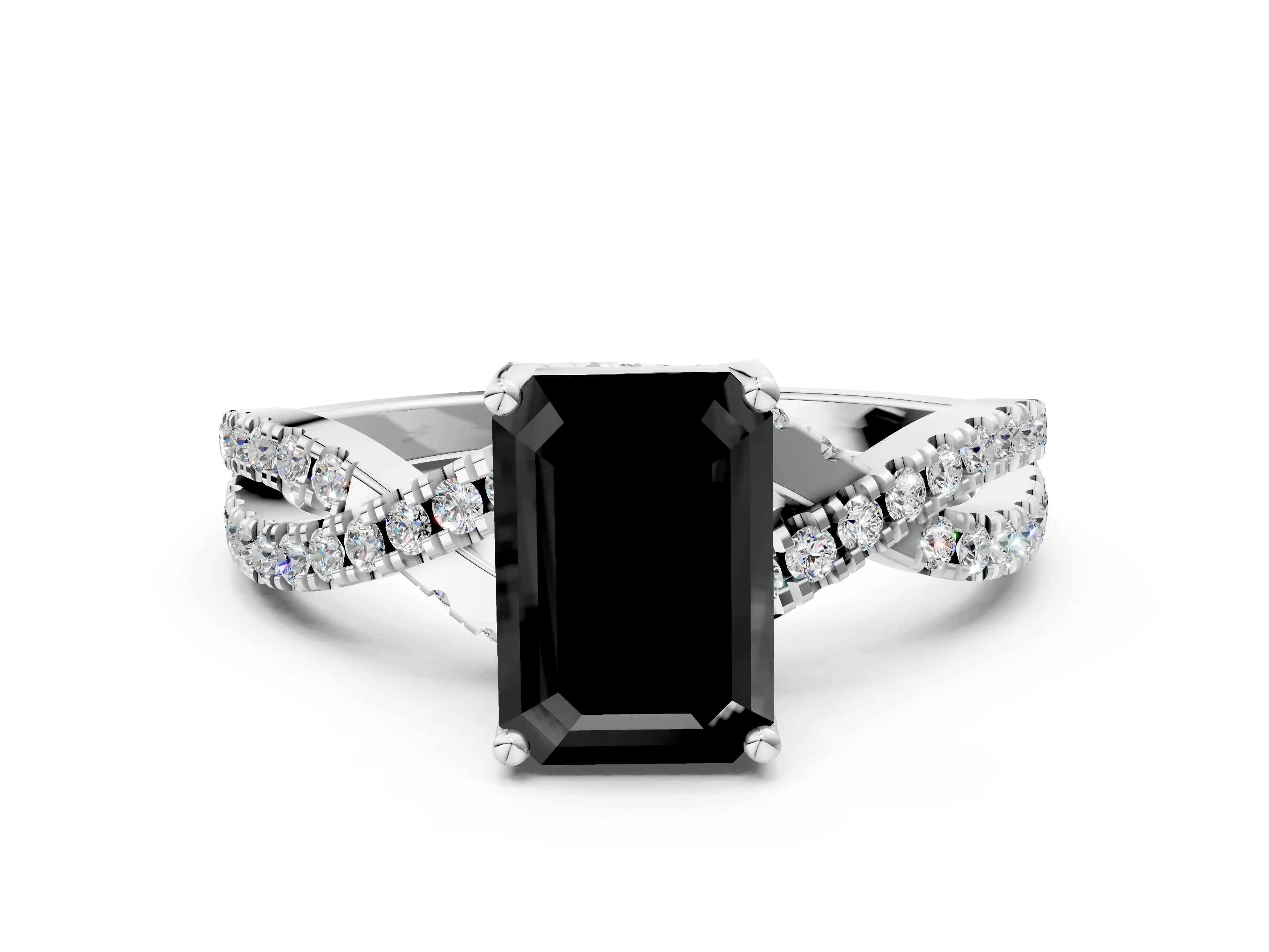 Platinum Fancy Black Emerald Cut Solitaire Twist Pave Diamond Engagement Ring with Prong Setting_55