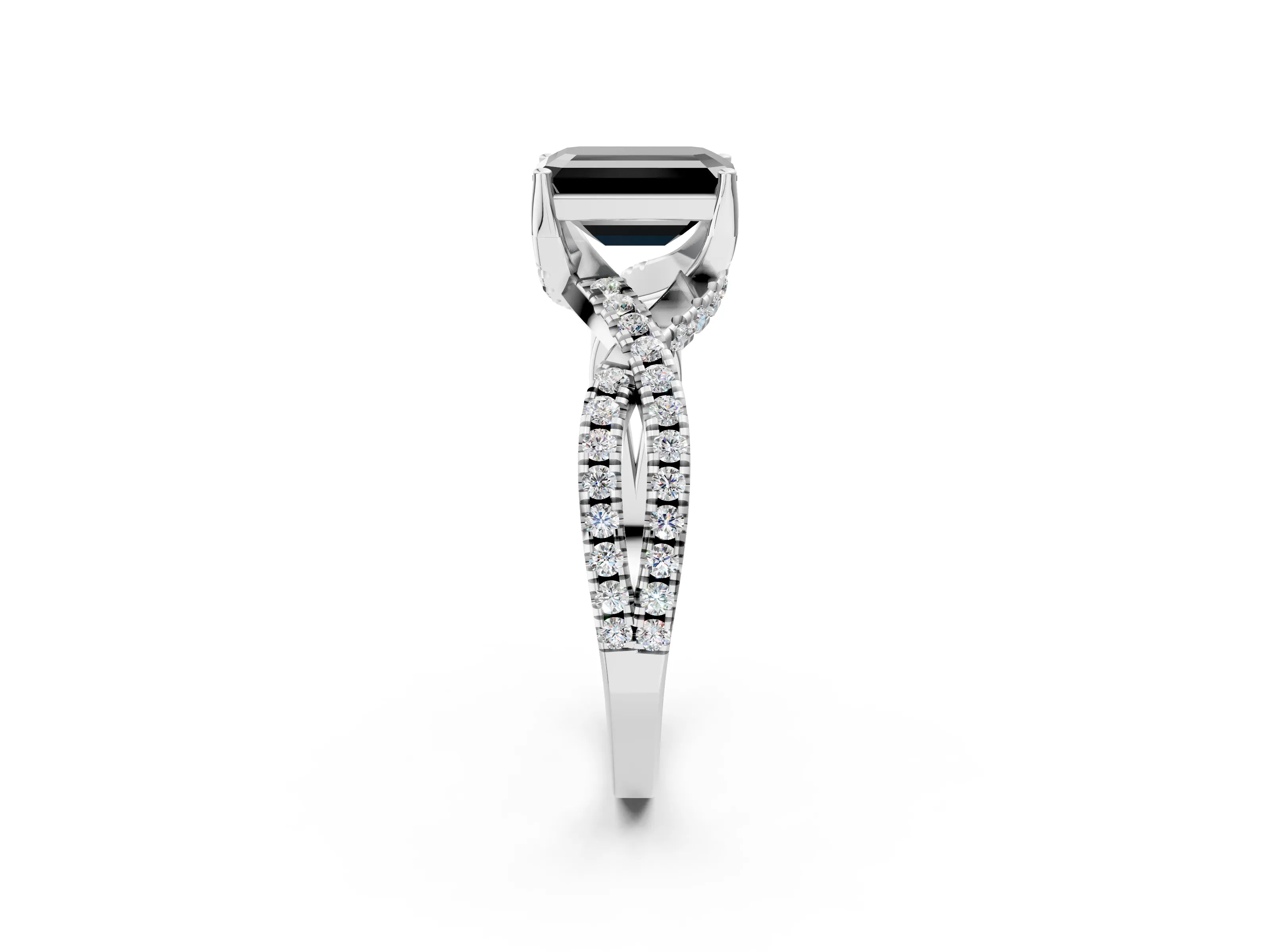 Platinum Fancy Black Emerald Cut Solitaire Twist Pave Diamond Engagement Ring with Prong Setting_75