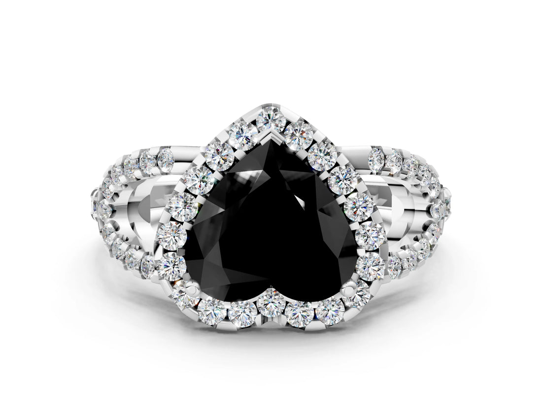 Platinum Fancy Black Heart Cut Cut Diamond Halo Engagement Ring with Open Split Pavé Band_6