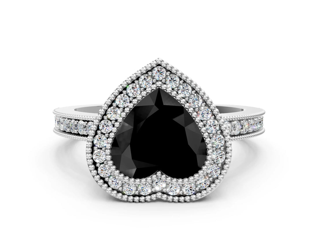 Platinum Fancy Black Heart Cut Cut Halo Pavé Diamond Ring_12