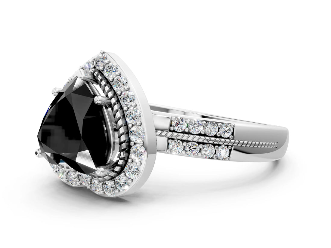Platinum Fancy Black Heart Cut Diamond Double Halo Ring with Split Shank and Four-Prong Setting_6