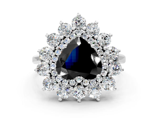 Platinum Heart-Shaped Floral Double Halo Engagement Ring Setting for Black Center