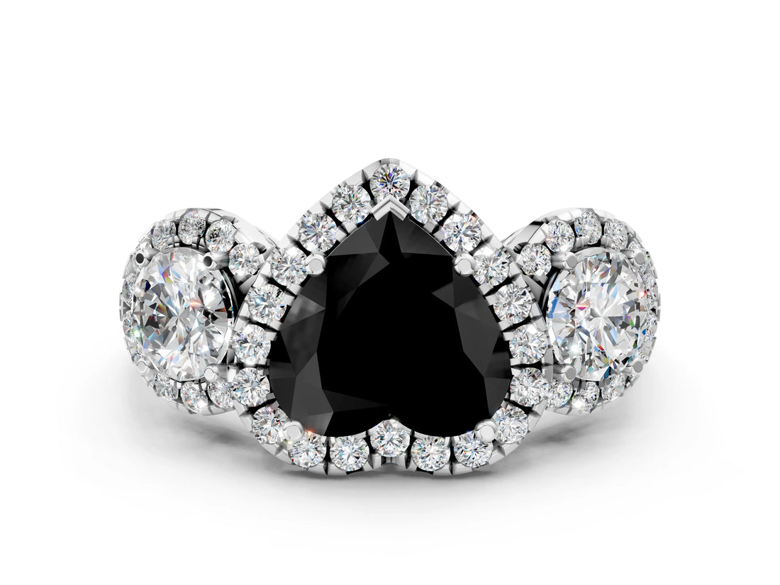 Platinum Fancy Black Heart Cut Diamond Three-Stone Halo Ring with Prong Setting and Pavé Accents_12