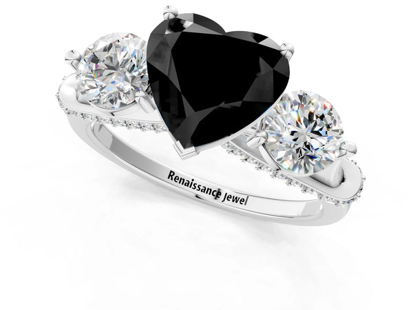 Platinum Heart-Shaped Curved Pave Three Stone Engagement Ring Setting for Black Center