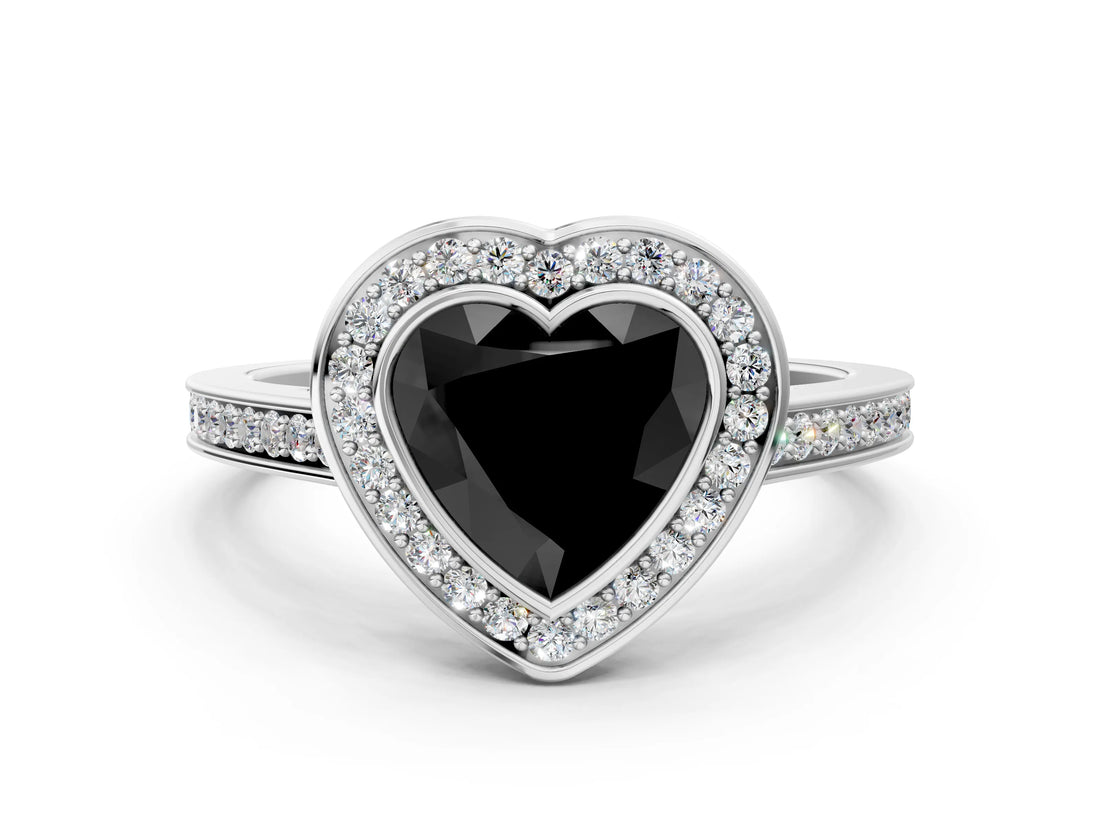 Platinum Fancy Black Heart Cut Halo Bezel Diamond Pave Band Ring_6