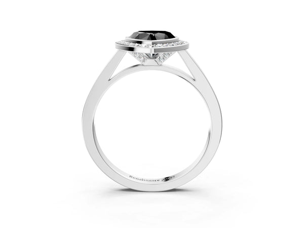 Platinum Fancy Black Heart Cut Halo Bezel Diamond Pave Band Ring