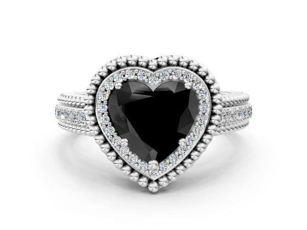 Platinum Heart-Shaped Beaded Halo Engagement Ring Setting for Black Center with Pave