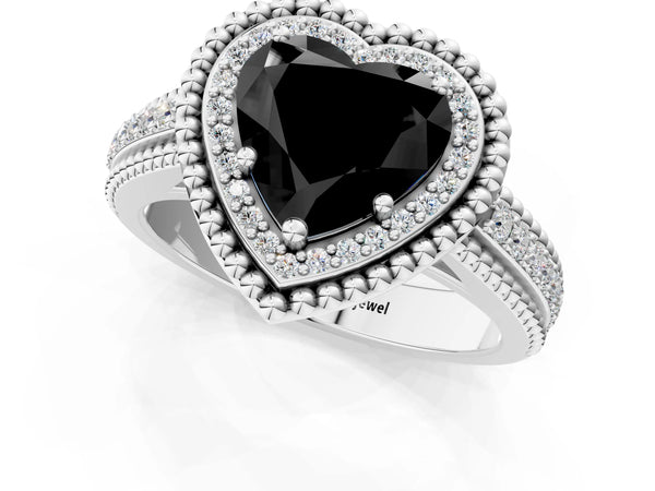 Platinum Heart-Shaped Beaded Halo Engagement Ring Setting for Black Center with Pave