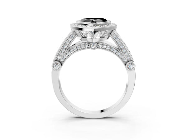Platinum Heart-Shaped Vintage Bezel Halo Engagement Ring Setting for Black Center