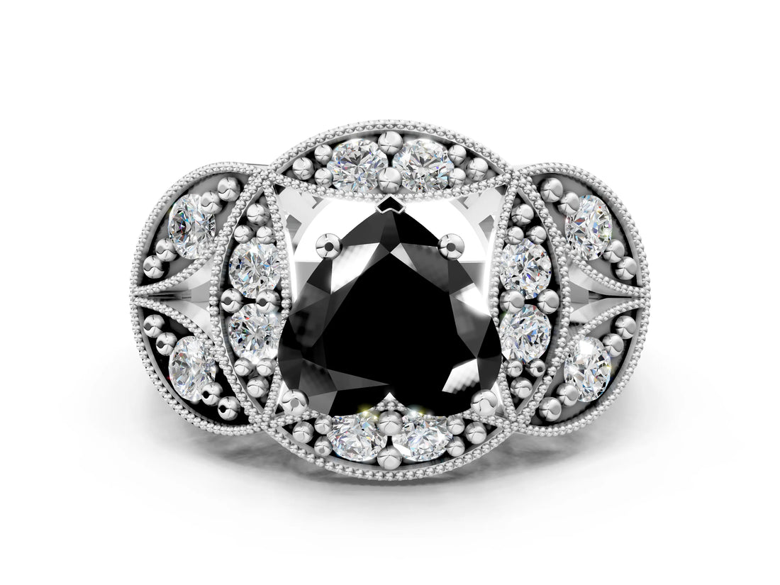 Platinum Fancy Black Heart Cut Halo Milgrain Diamond Engagement Ring with Leaf Band and Four-Prong Setting_12